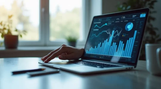 Image symbolique d'une main tenant un ordinateur portable affichant des données comptables automatisées avec des icônes de robot et d'intelligence artificielle