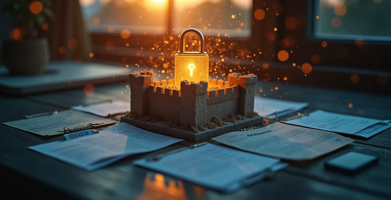 Image symbolique d'une forteresse protectrice construite autour de documents comptables numériques et physiques