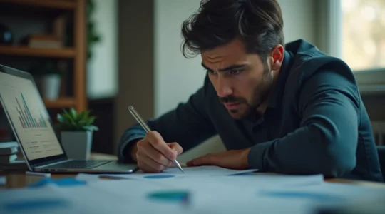 Un dirigeant de PME en pleine réflexion, entouré de graphiques financiers et de documents comptables, illustrant les défis financiers critiques pour la survie de l'entreprise.