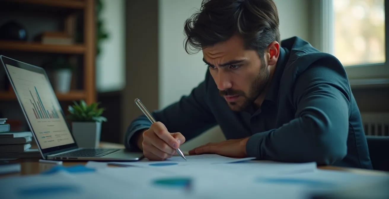 Un dirigeant de PME en pleine réflexion, entouré de graphiques financiers et de documents comptables, illustrant les défis financiers critiques pour la survie de l'entreprise.