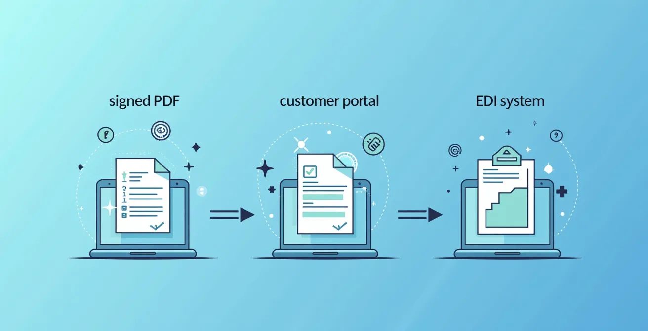 Visualisation comparative des options de dématérialisation : PDF, portail client, EDI avec symboles technologiques