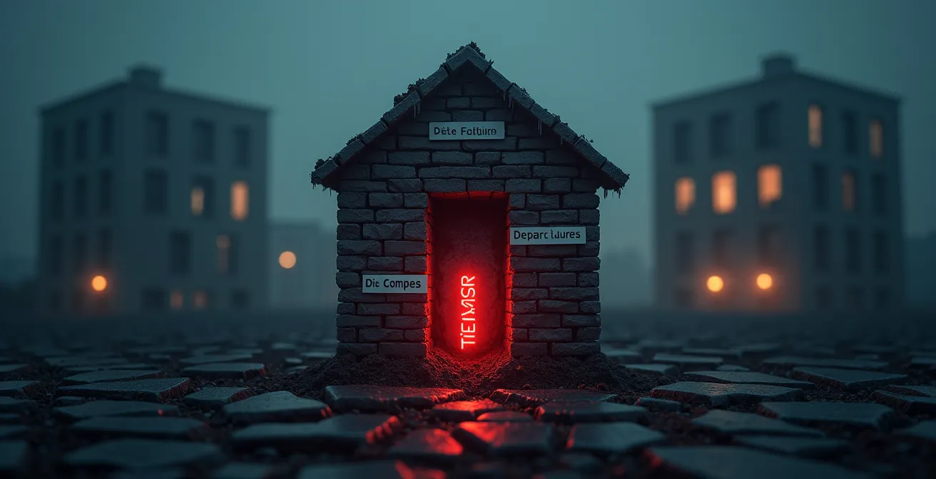 Illustration symbolisant la dette technique comptable, représentée par un bâtiment en construction avec des fondations fissurées et des données mal structurées qui s'effondrent.