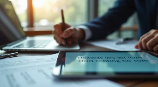 Illustration représentant un devis clair et rapide sur un écran d'ordinateur avec un client satisfait signant électroniquement