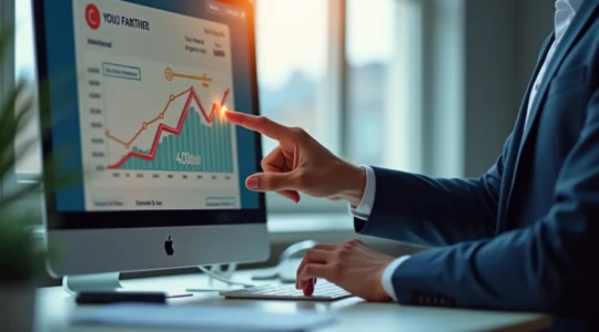 Image symbolique montrant un professionnel utilisant un logiciel de facturation moderne sur un ordinateur, avec des graphiques financiers et un bouton de paiement visible à l'écran