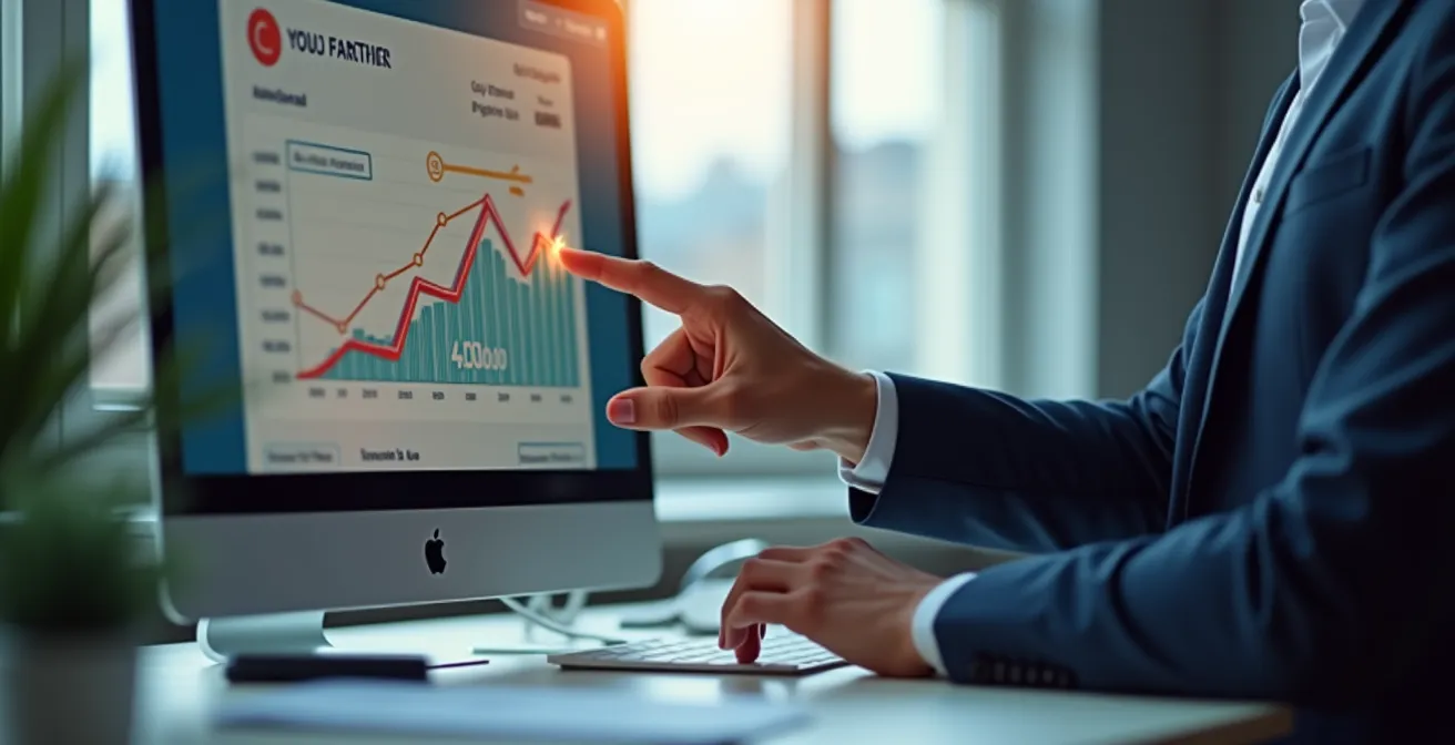 Image symbolique montrant un professionnel utilisant un logiciel de facturation moderne sur un ordinateur, avec des graphiques financiers et un bouton de paiement visible à l'écran