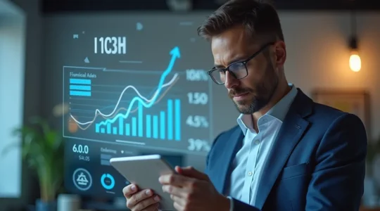 Un dirigeant d'entreprise devant une feuille de route numérique illustrant les concepts de comptabilité et de gestion financière