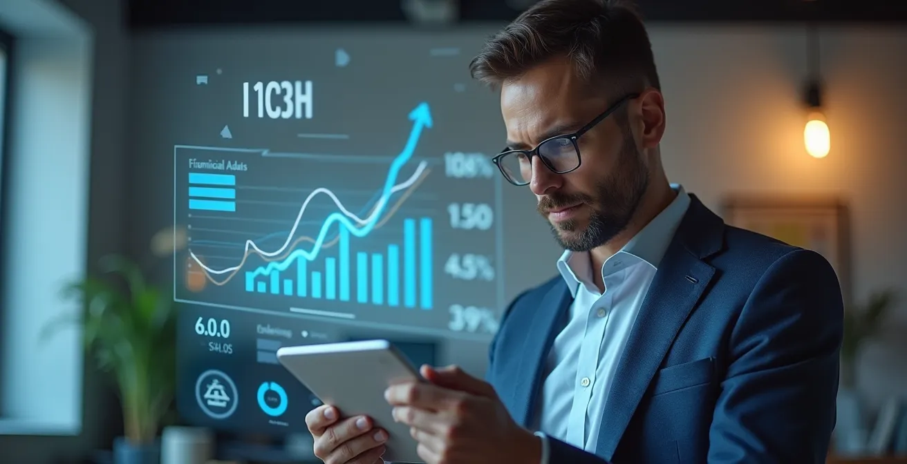 Un dirigeant d'entreprise devant une feuille de route numérique illustrant les concepts de comptabilité et de gestion financière