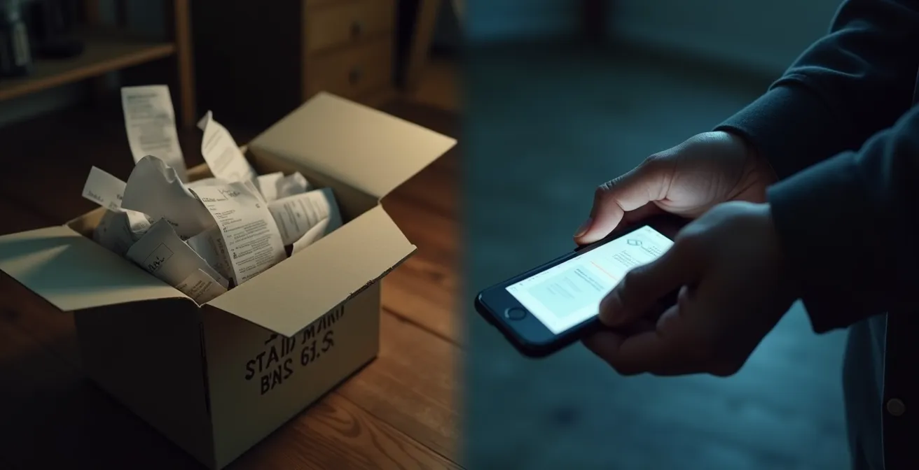 Comparaison visuelle entre une boîte à chaussures remplie de justificatifs désordonnés et une main scannant un reçu avec un smartphone moderne.