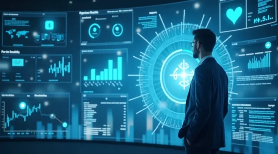 Image symbolique représentant la transition de la comptabilité traditionnelle à la comptabilité moderne et automatisée avec des éléments digitaux et une interface de gestion en temps réel