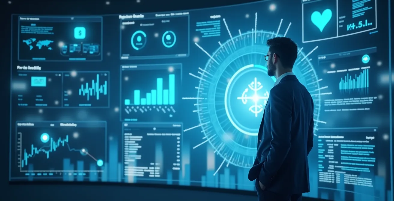 Image symbolique représentant la transition de la comptabilité traditionnelle à la comptabilité moderne et automatisée avec des éléments digitaux et une interface de gestion en temps réel