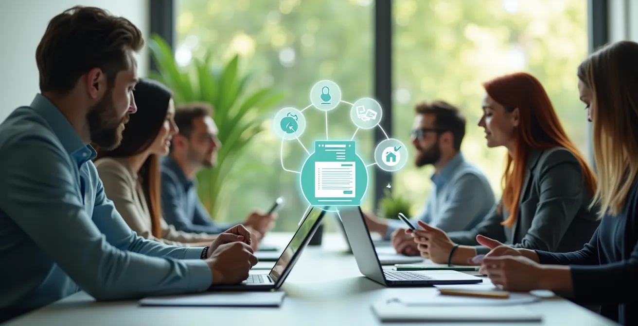 Image symbolique montrant une entreprise moderne utilisant des factures électroniques sur divers appareils numériques sans papier