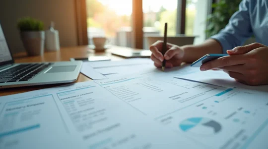 Image symbolique de la gestion rigoureuse des justificatifs comptables avec documents, smartphone et ordinateur.