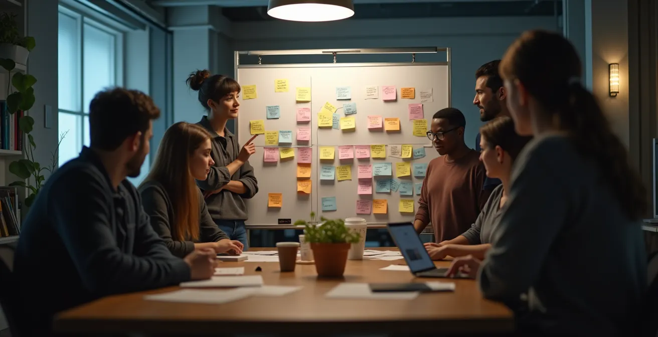 Gestion de projet visuelle pour PME : tableau blanc rempli de post-its colorés utilisé par une petite équipe.
