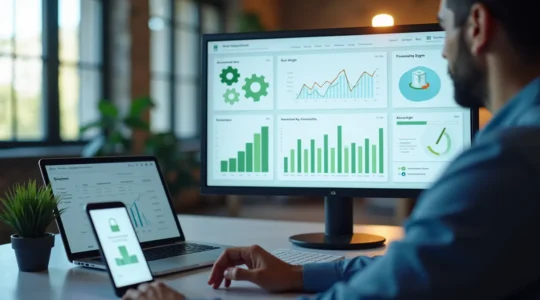 Illustration représentant un bureau moderne avec un écran affichant un logiciel de comptabilité en ligne, des graphiques financiers et des icônes de synchronisation bancaire, symbolisant l'automatisation financière.