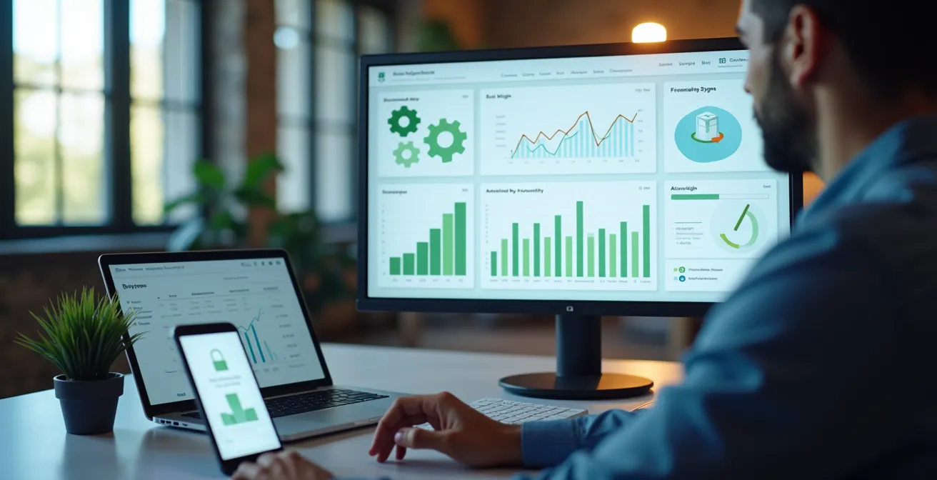 Illustration représentant un bureau moderne avec un écran affichant un logiciel de comptabilité en ligne, des graphiques financiers et des icônes de synchronisation bancaire, symbolisant l'automatisation financière.