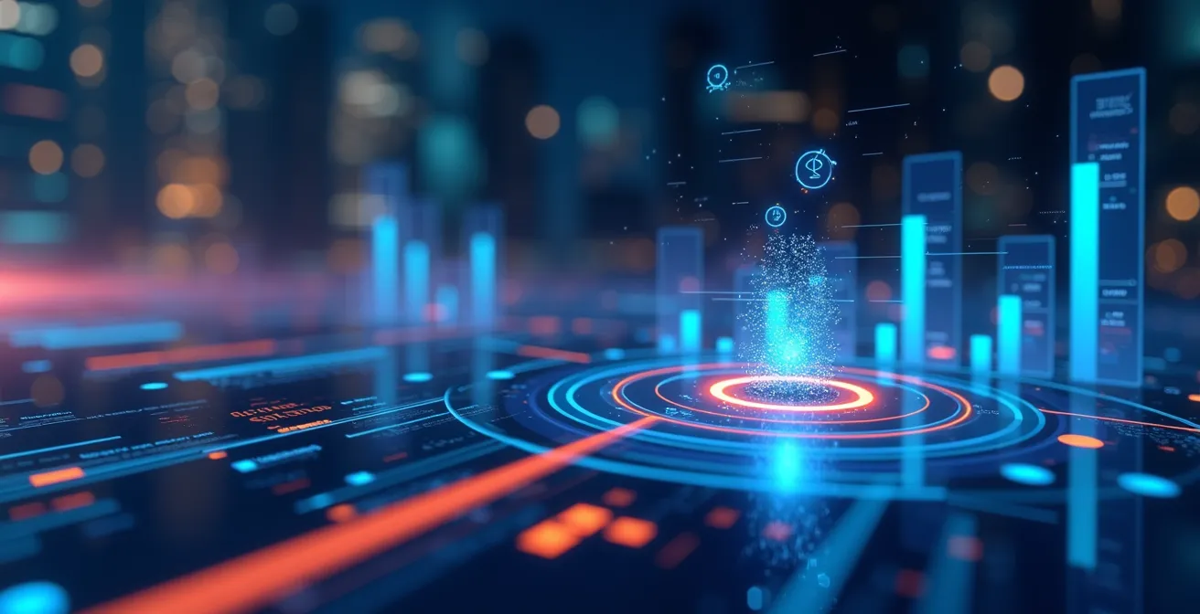 Illustration symbolique représentant la finance optimisée avec des éléments digitaux et rapides