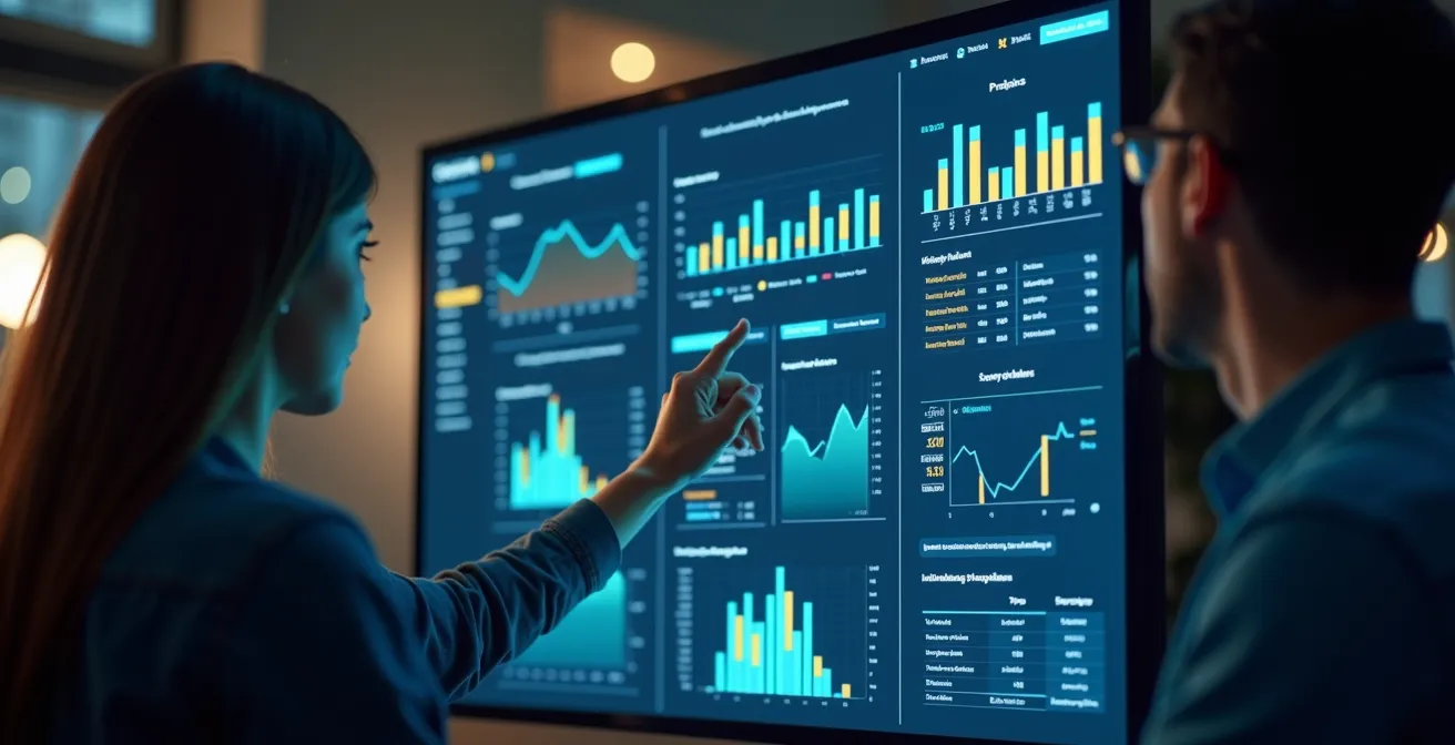 Illustration montrant un tableau de bord CRM avec prévisions de ventes en graphique dynamique