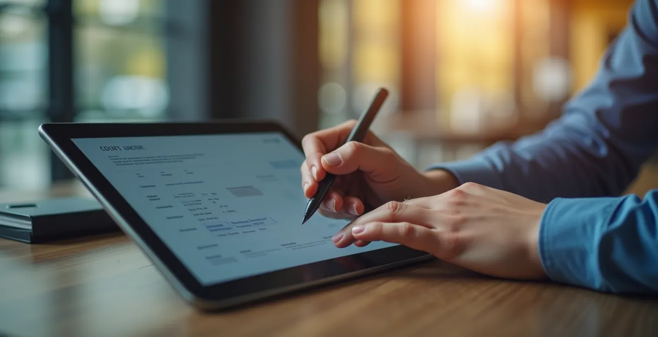 Image montrant un client signant électroniquement un devis sur tablette avec une interface fluide et moderne
