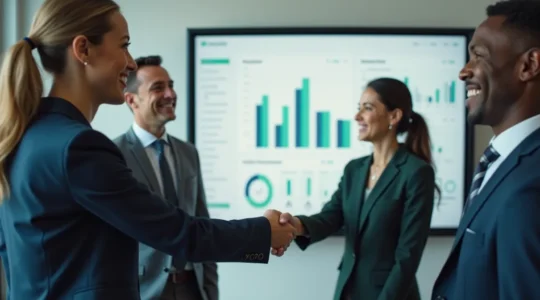 Une scène symbolique représentant le passage d'un simple contact à un client fidèle dans un environnement de bureau moderne, avec interaction humaine et données comptables visibles.