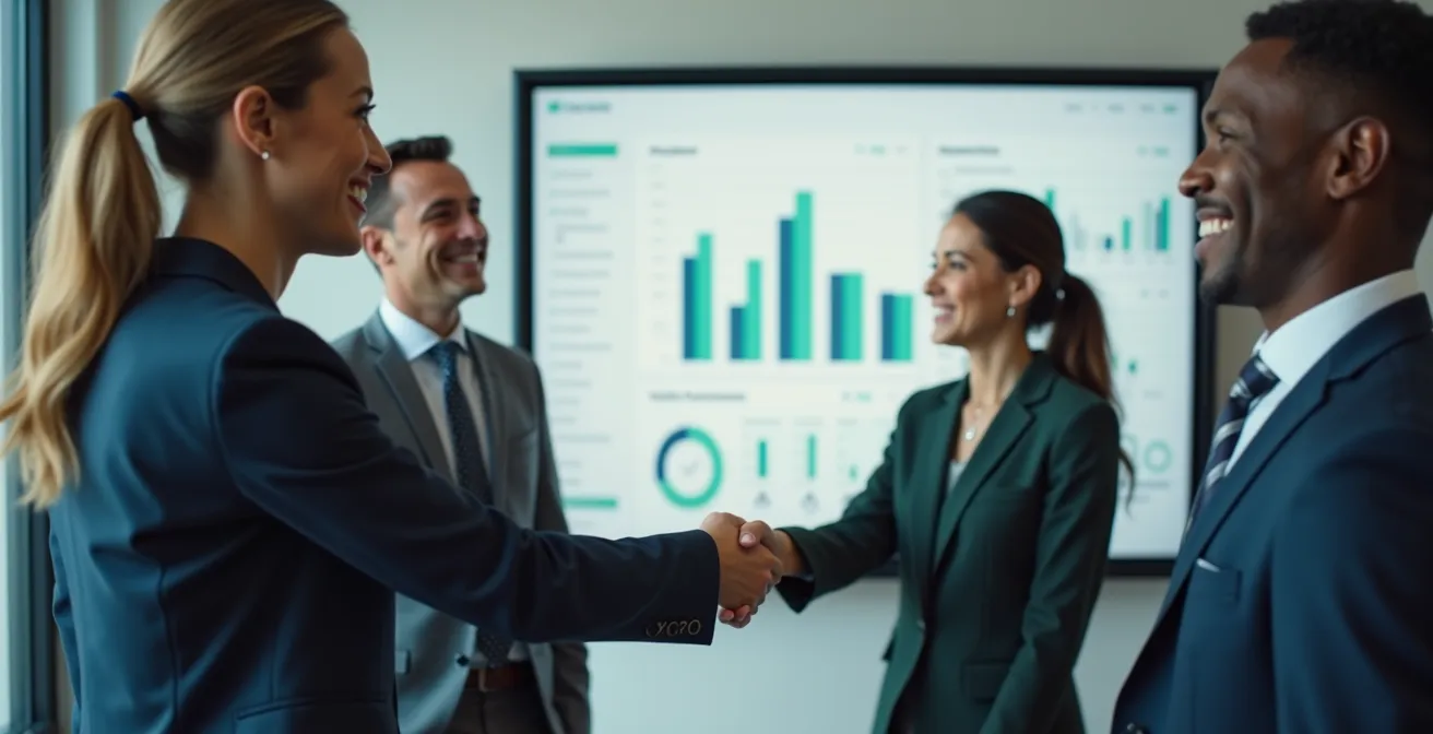 Une scène symbolique représentant le passage d'un simple contact à un client fidèle dans un environnement de bureau moderne, avec interaction humaine et données comptables visibles.