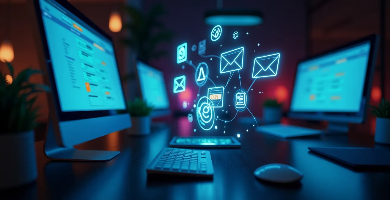 Scène représentant un système de relance automatique CRM multicanal avec notifications et rappels