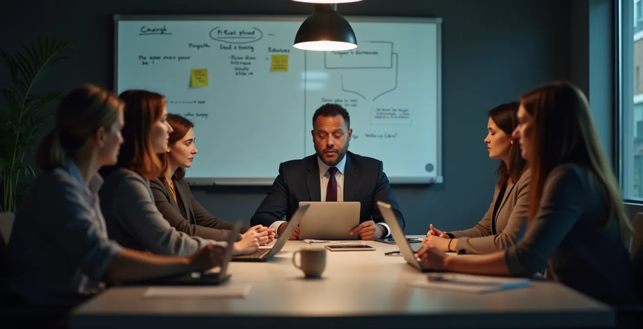 Illustration d'un client insatisfait discutant avec une équipe attentive dans un espace de travail collaboratif, suscitant une innovation visible.