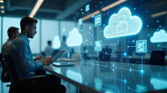 Bannière illustrant la gestion comptable zéro papier : documents dématérialisés, nuages de données, archivage sécurisé.