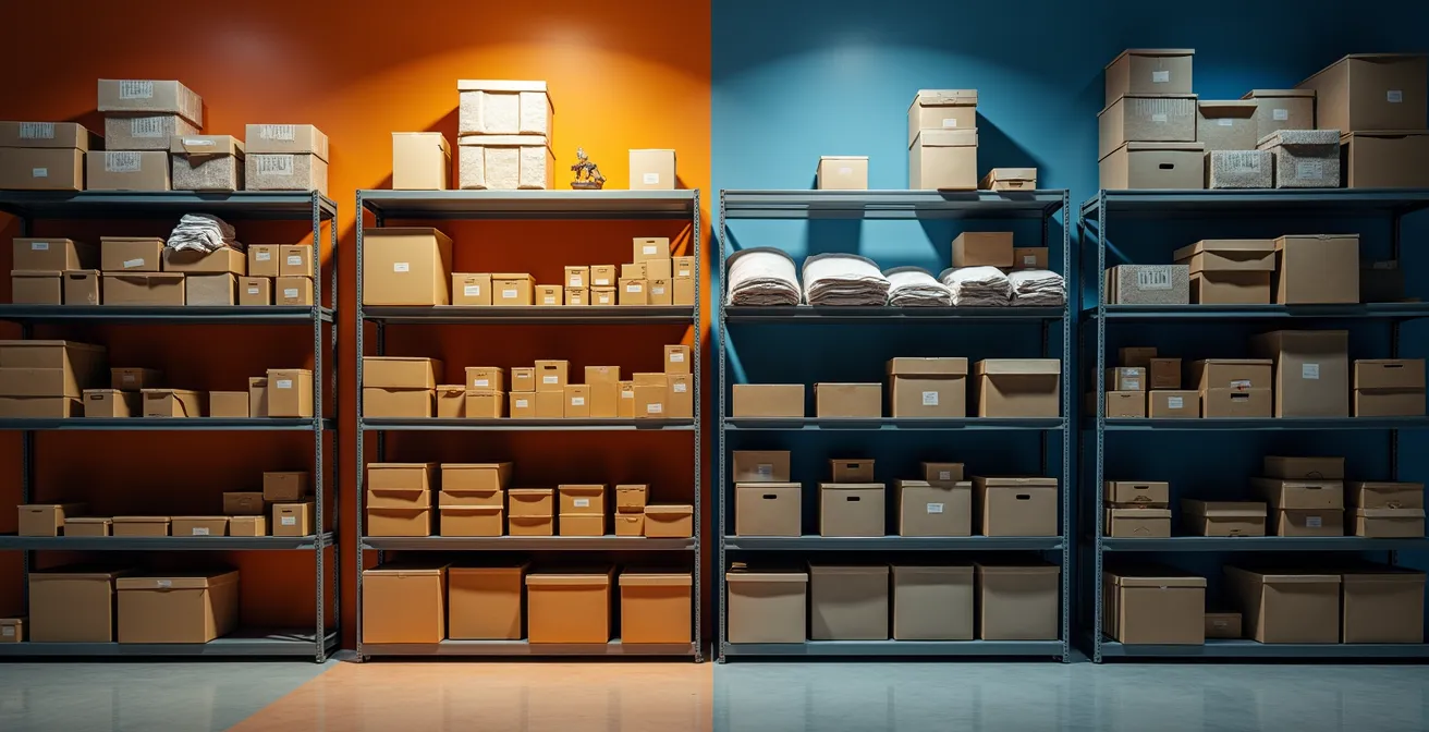 Composition symbolique montrant trois zones de stockage avec densités différentes représentant les catégories ABC