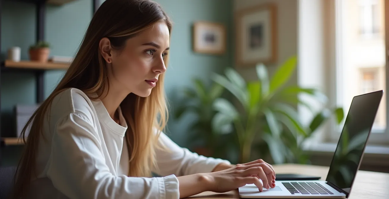 Portrait d'une acheteuse en ligne comparant les options de livraison sur son ordinateur portable