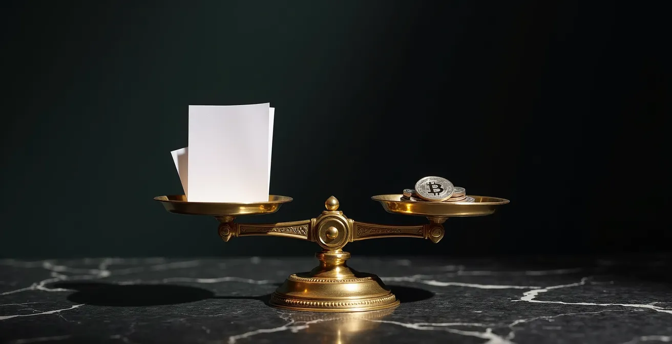 Représentation symbolique de l'équilibre financier d'une entreprise avec métaphore visuelle de la balance