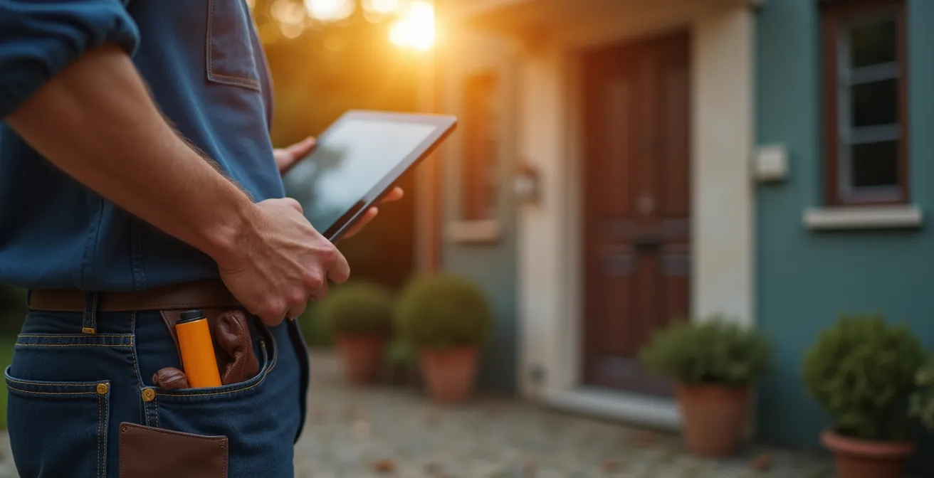 Professionnel avec tablette sur site client pour devis immédiat
