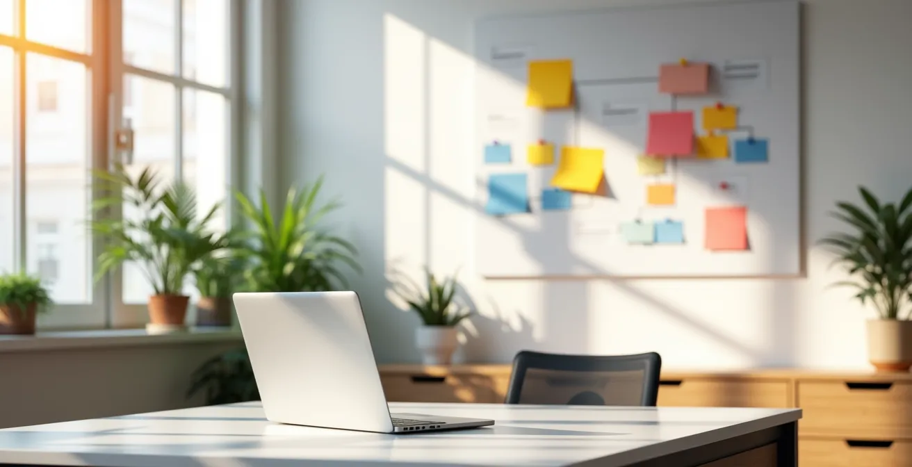 Vue d'ensemble d'un bureau organisé avec système de classement numérique pour modèles de devis