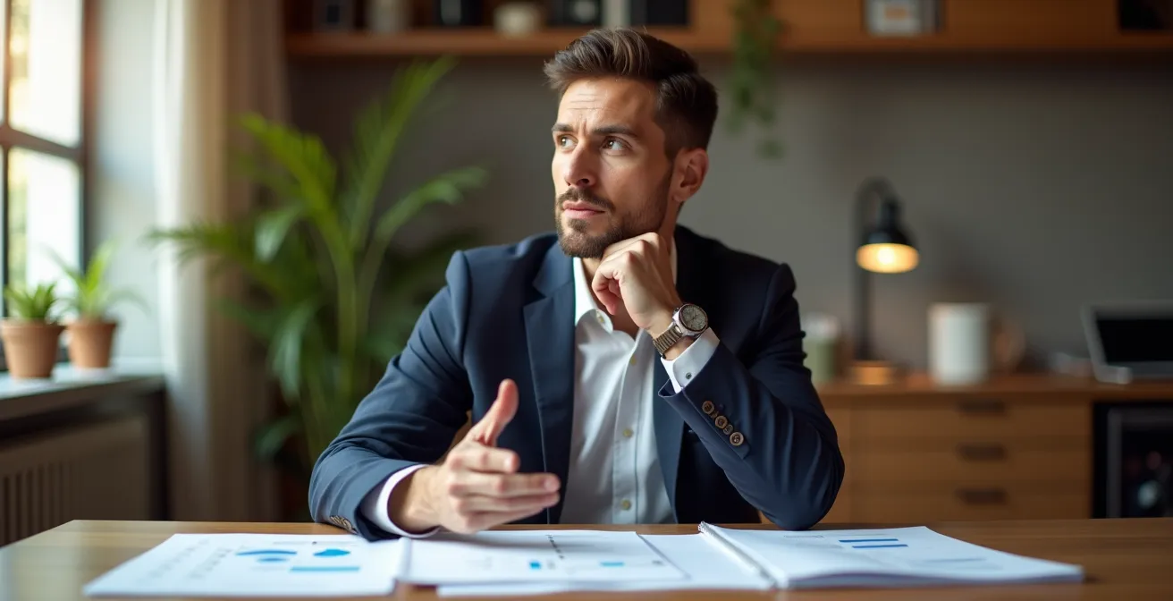 Bureau professionnel avec vue large montrant l'environnement de travail d'un dirigeant d'entreprise