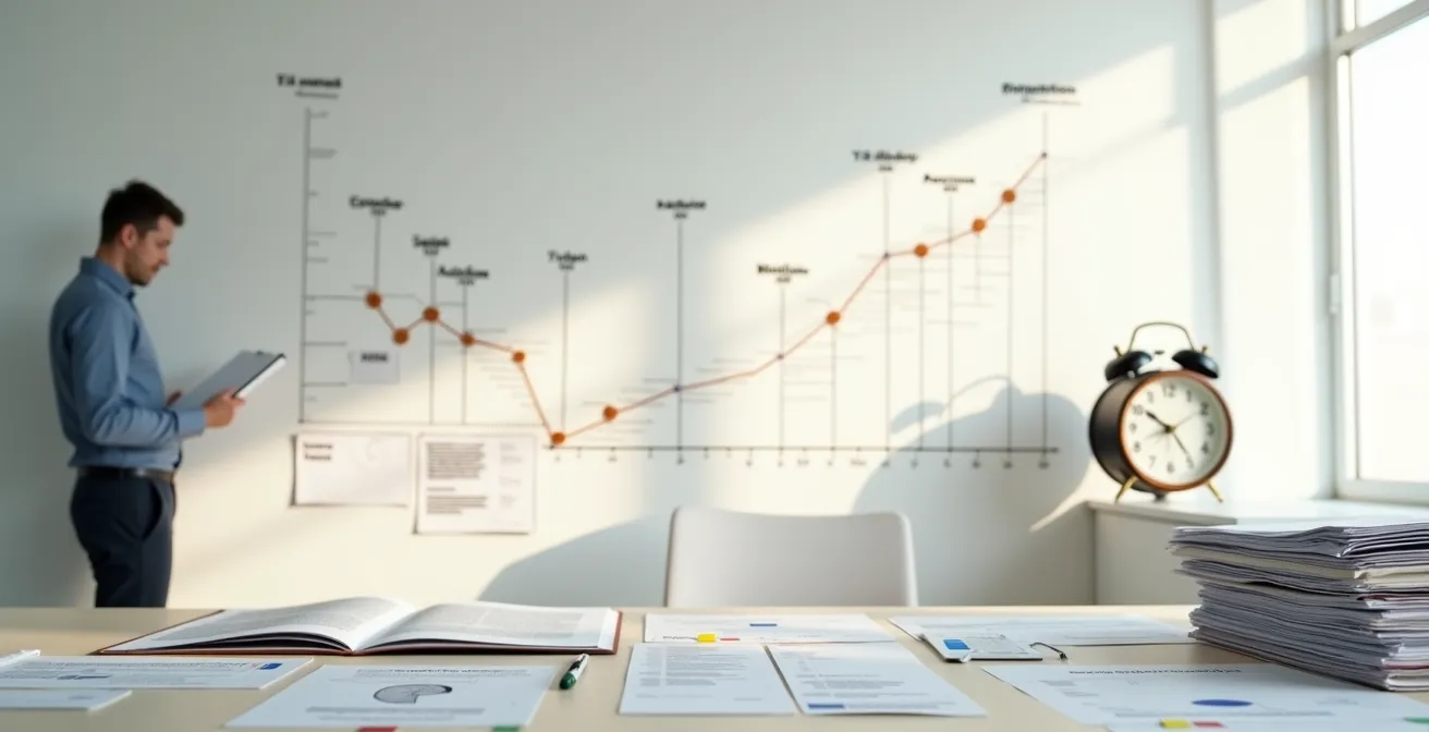 Calendrier visuel montrant cinq étapes clés du processus comptable, avec documents et horloge en arrière-plan