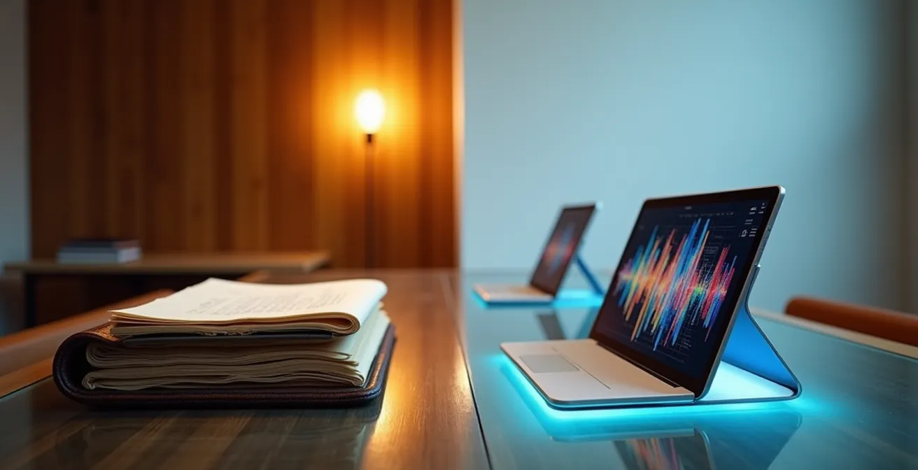 Comparaison visuelle entre un bilan statique et un tableau de bord dynamique avec indicateurs temps réel