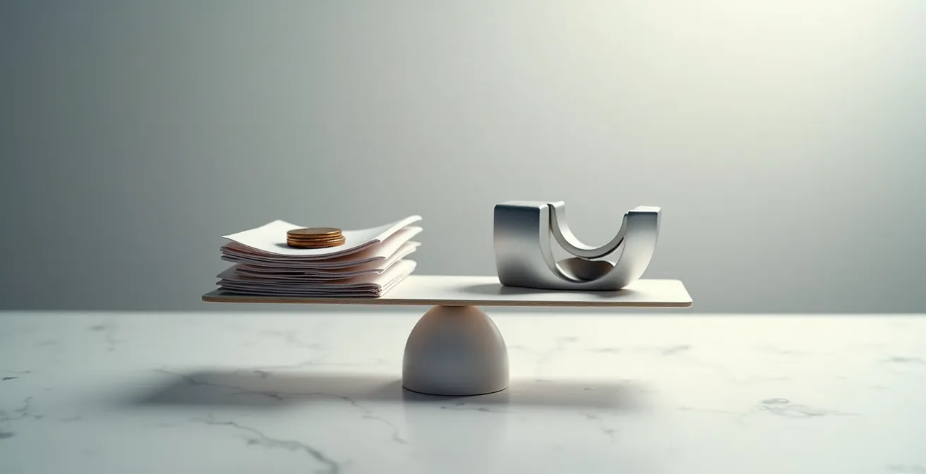 Balance métaphorique comparant symboliquement les avantages des logiciels gratuits et payants