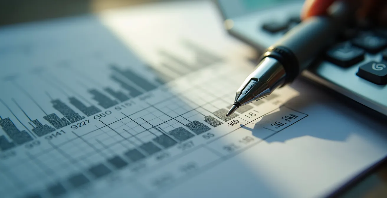 Vue macro de documents comptables avec calculatrice et stylo, symbolisant les deux régimes fiscaux