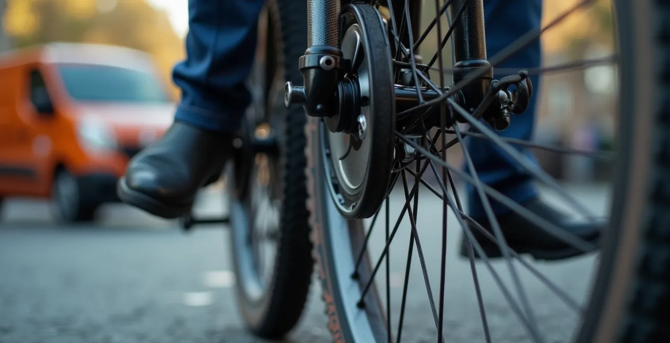 Gros plan sur différents véhicules de livraison urbaine incluant vélos cargo et camionnettes électriques