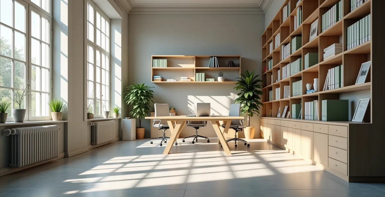 Bureau professionnel organisé avec classeurs fiscaux rangés méthodiquement, symbolisant la préparation sereine à un contrôle fiscal.