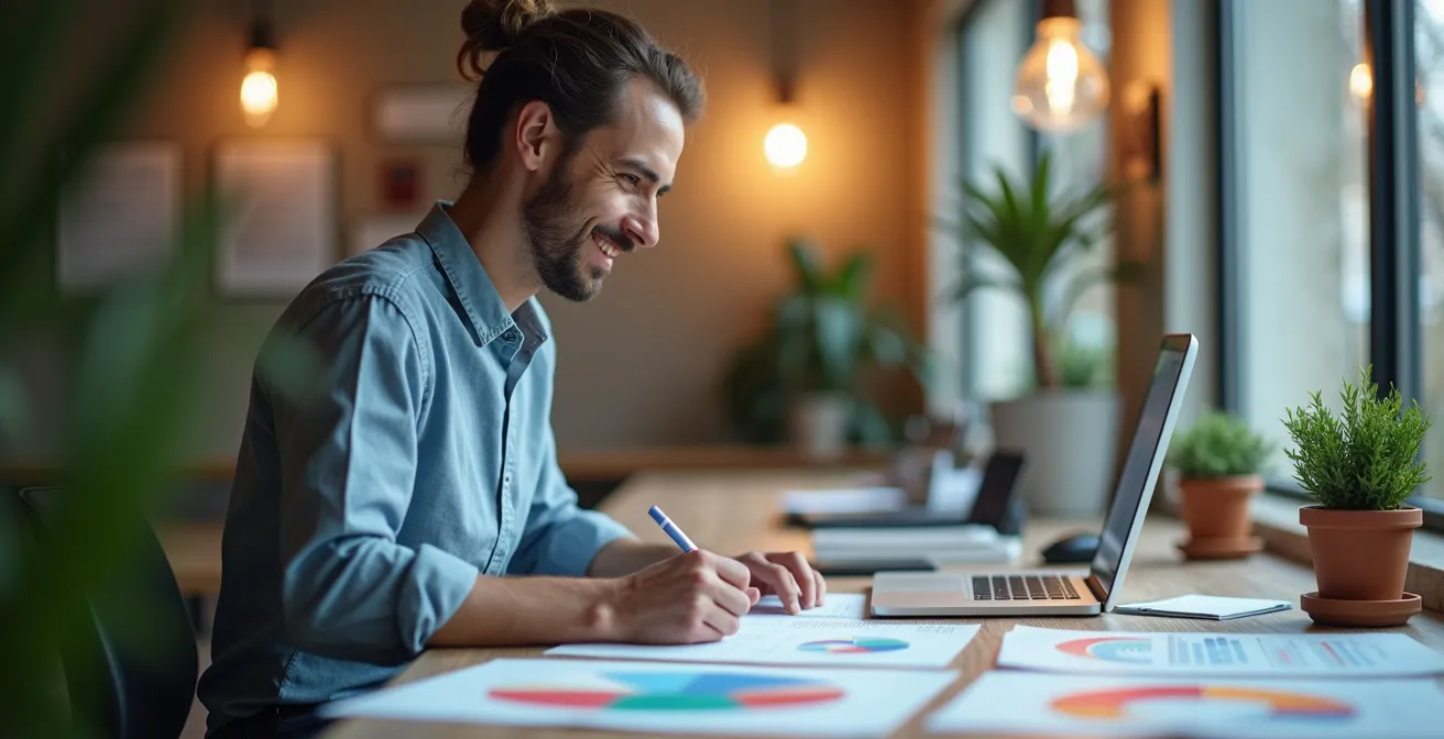 Portrait d'un dirigeant analysant des données de performance dans un environnement de travail moderne