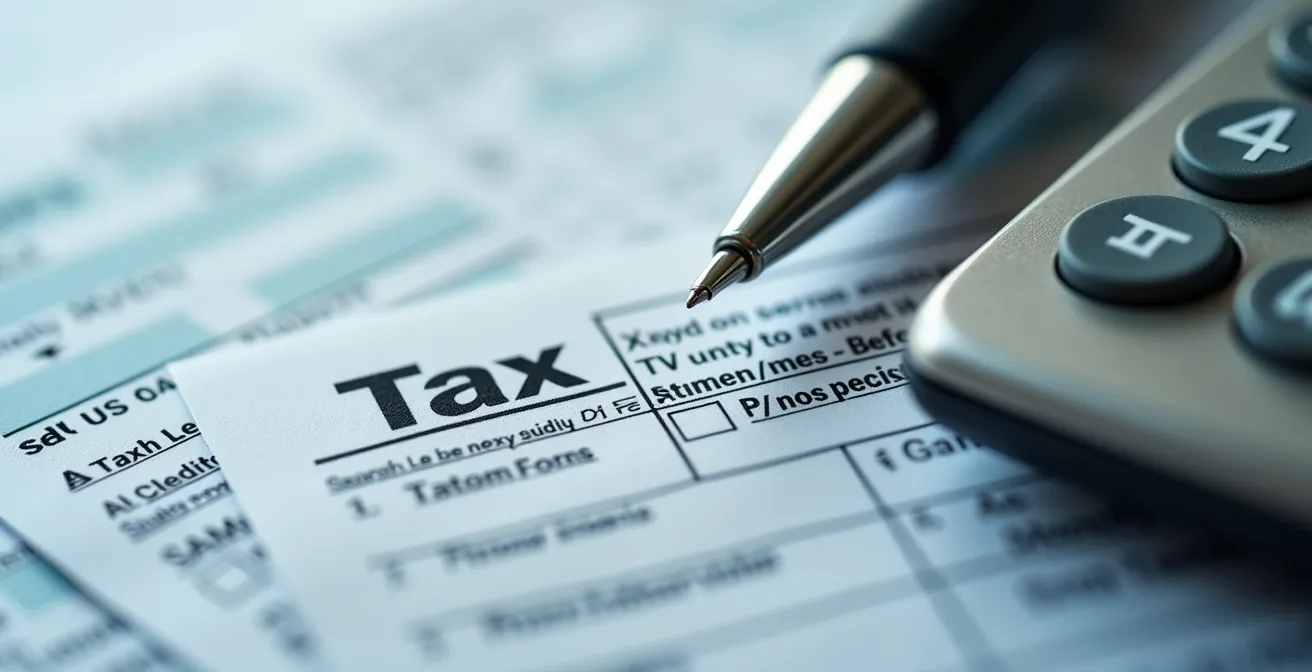 Gros plan sur des documents fiscaux avec stylo et calculatrice sur bureau