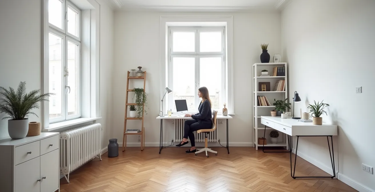 Vue grand angle d'un espace de travail minimaliste à domicile avec un entrepreneur travaillant