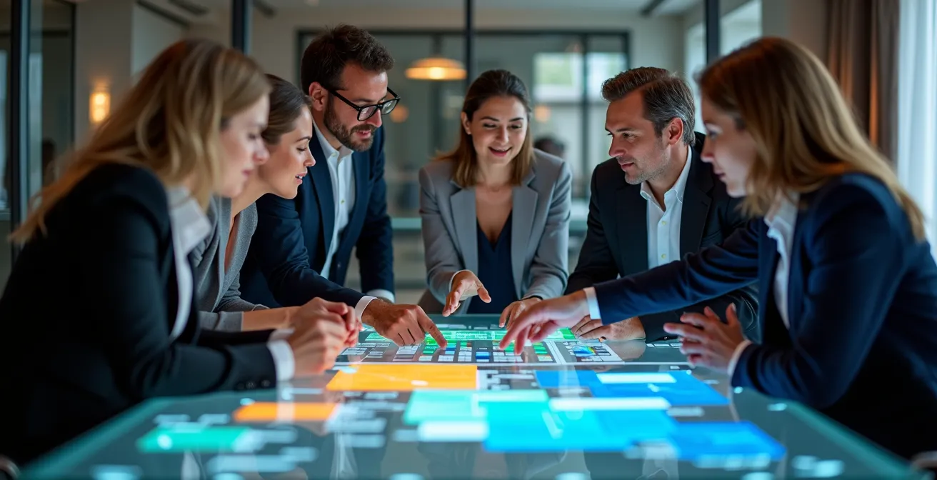 Professionnels analysant une matrice de données colorée sur une table en verre