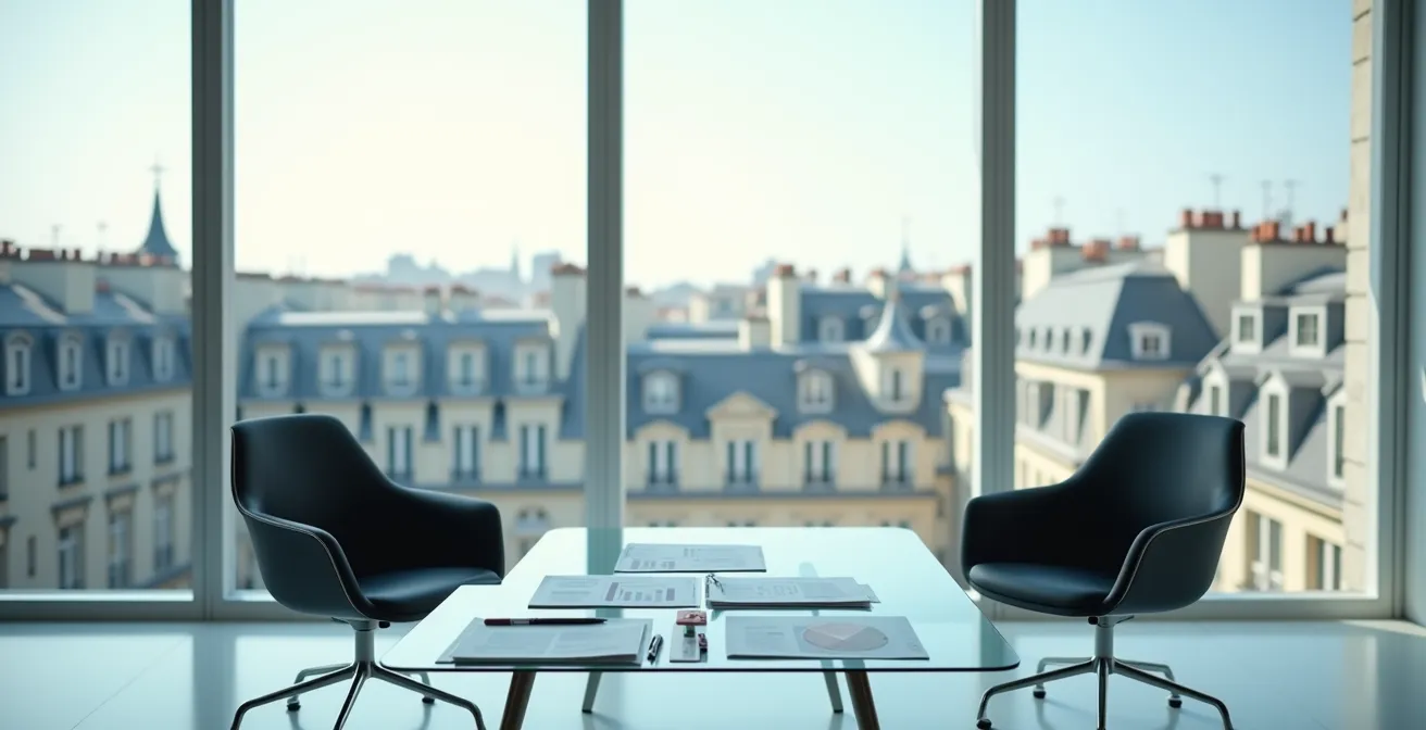 Vue large d'un bureau professionnel moderne avec documents financiers et ambiance de négociation