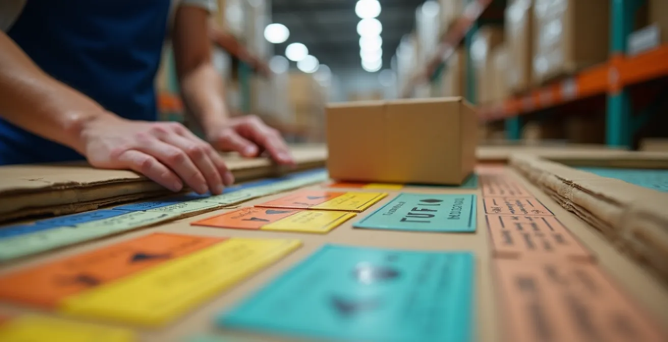 Vue macro détaillée d'un système de préparation de commande avec codes couleurs