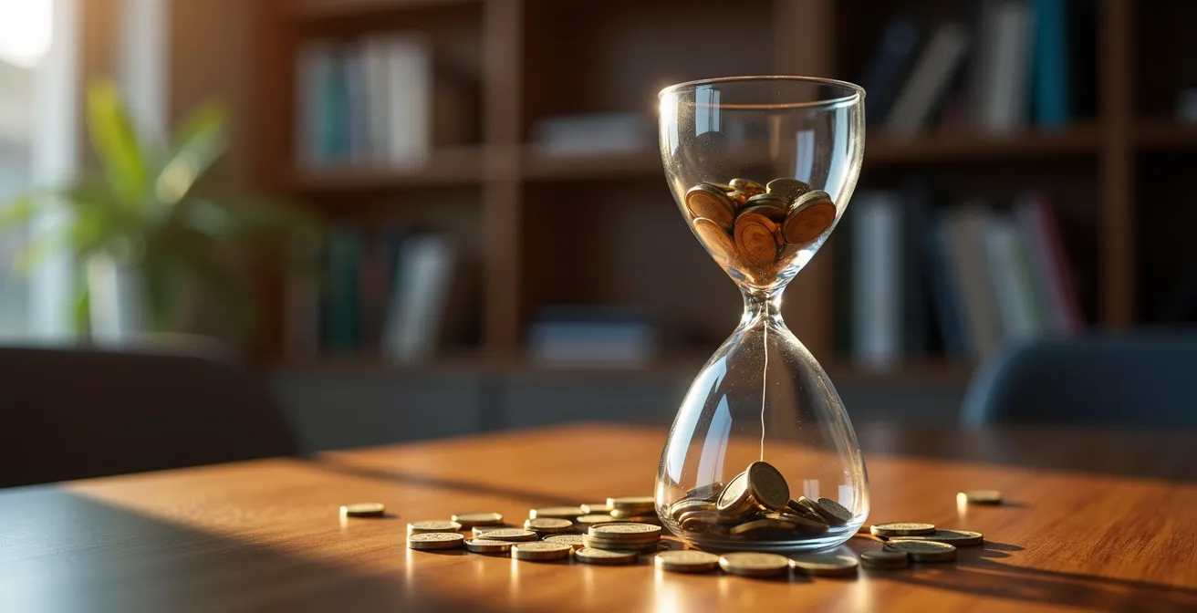 Sablier moderne symbolisant le report de déficit fiscal avec des pièces d'euros s'écoulant pour représenter une stratégie temporelle.