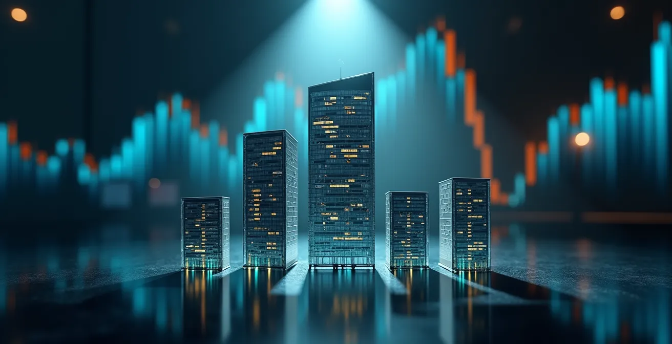 Représentation visuelle d'un groupe de sociétés avec structure mère-fille dans un bureau moderne