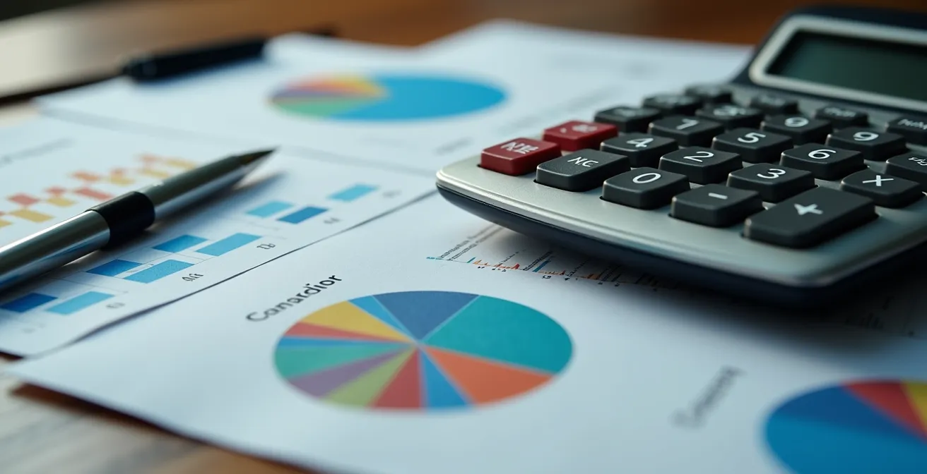 Gros plan sur des documents financiers avec graphiques colorés et calculatrice professionnelle
